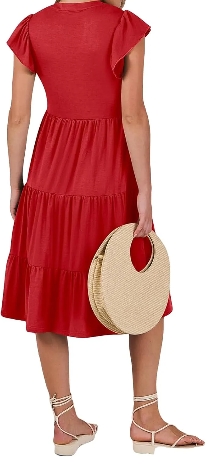 Summer Dresses for Women Ruffle Sleeve V Neck Midi Dresses Casual Fit Flowy Tiered Boho Beach Sundress with Pocket