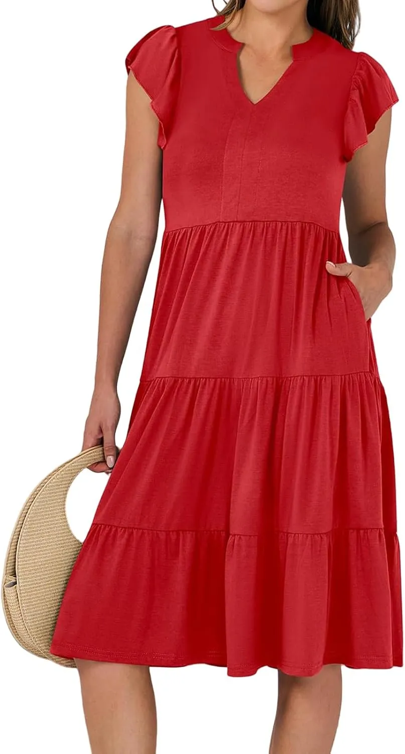 Summer Dresses for Women Ruffle Sleeve V Neck Midi Dresses Casual Fit Flowy Tiered Boho Beach Sundress with Pocket