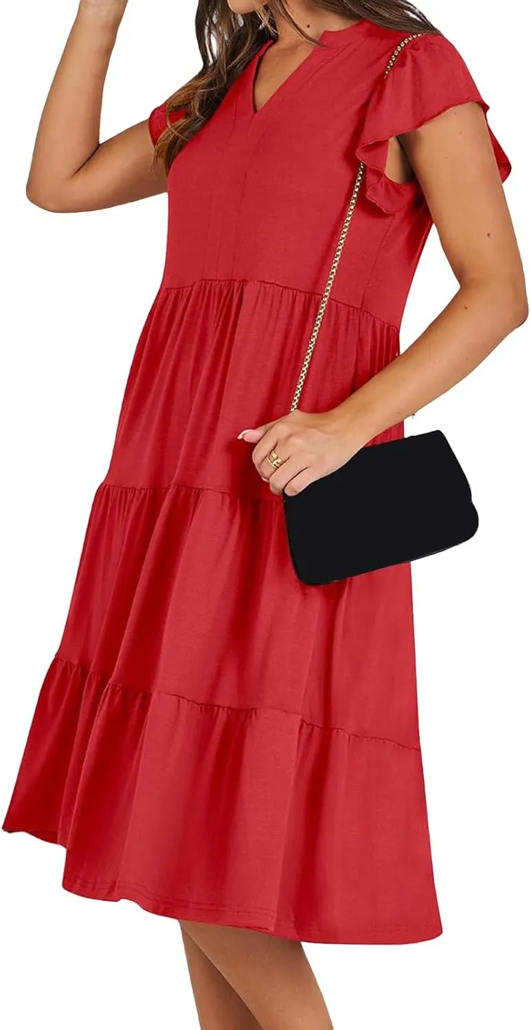 Summer Dresses for Women Ruffle Sleeve V Neck Midi Dresses Casual Fit Flowy Tiered Boho Beach Sundress with Pocket