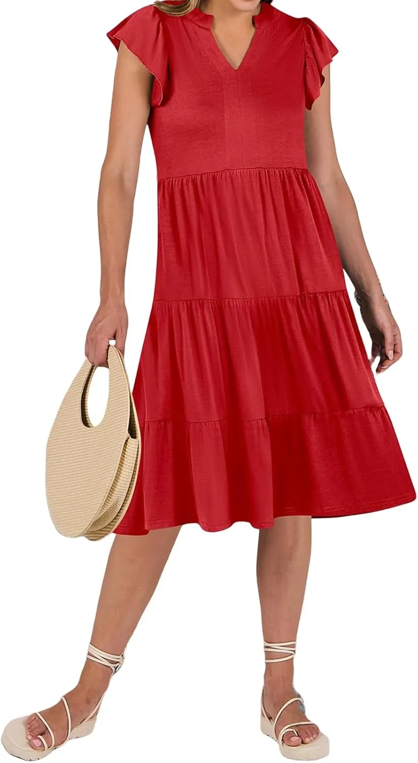 Summer Dresses for Women Ruffle Sleeve V Neck Midi Dresses Casual Fit Flowy Tiered Boho Beach Sundress with Pocket