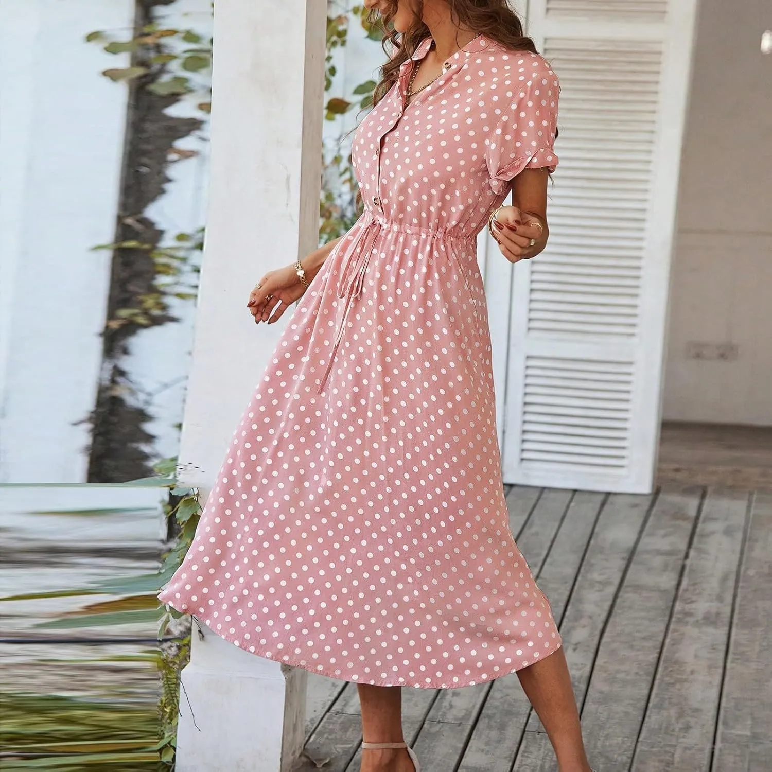 Summer Midi Dresses for Women 2025 Polka Dot Trendy Button Down V Neck Short Sleeve A Line Dresses Tie Empire Waist Frocks