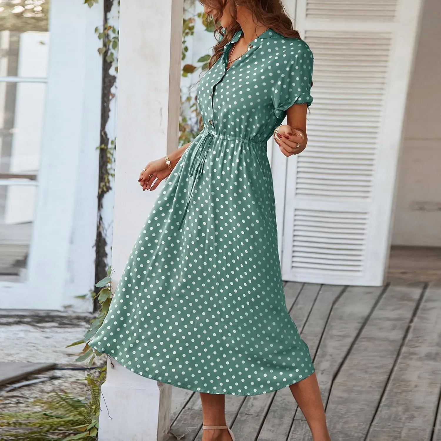 Summer Midi Dresses for Women 2025 Polka Dot Trendy Button Down V Neck Short Sleeve A Line Dresses Tie Empire Waist Frocks