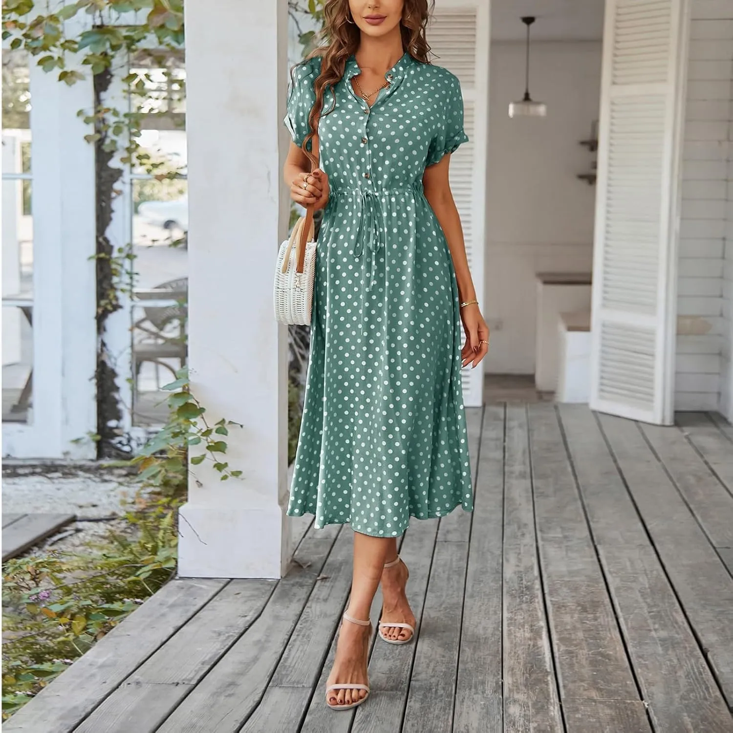 Summer Midi Dresses for Women 2025 Polka Dot Trendy Button Down V Neck Short Sleeve A Line Dresses Tie Empire Waist Frocks