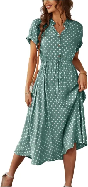 Summer Midi Dresses for Women 2025 Polka Dot Trendy Button Down V Neck Short Sleeve A Line Dresses Tie Empire Waist Frocks