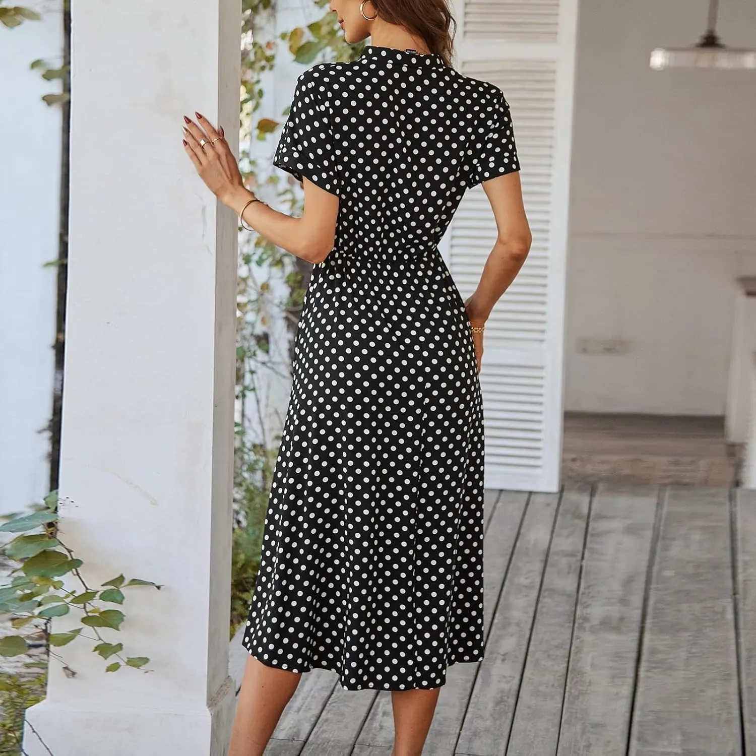 Summer Midi Dresses for Women 2025 Polka Dot Trendy Button Down V Neck Short Sleeve A Line Dresses Tie Empire Waist Frocks