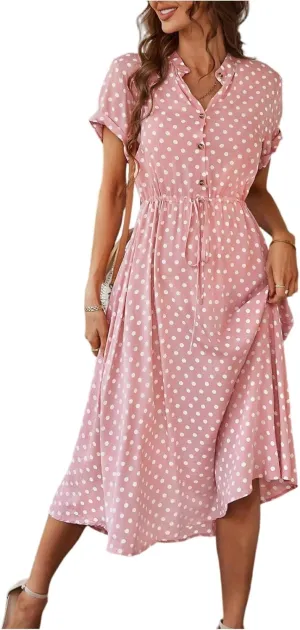 Summer Midi Dresses for Women 2025 Polka Dot Trendy Button Down V Neck Short Sleeve A Line Dresses Tie Empire Waist Frocks