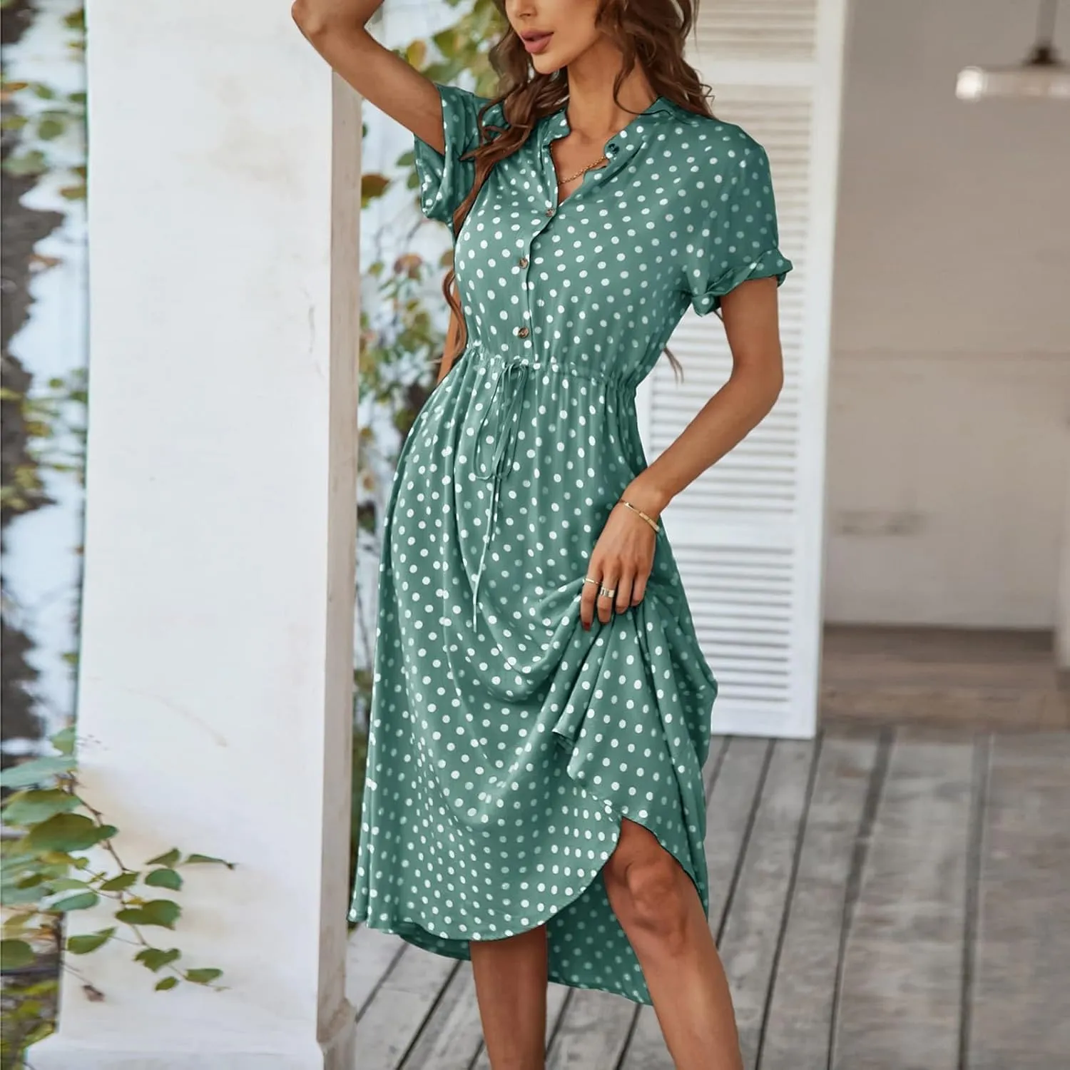 Summer Midi Dresses for Women 2025 Polka Dot Trendy Button Down V Neck Short Sleeve A Line Dresses Tie Empire Waist Frocks