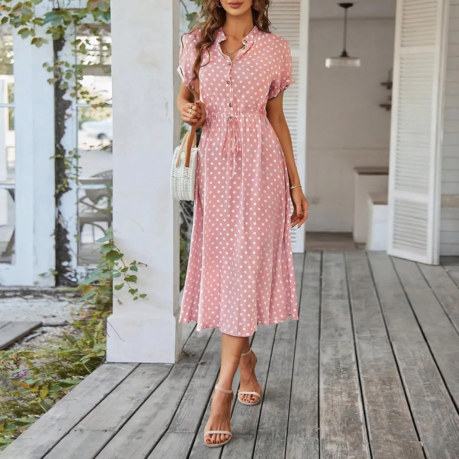 Summer Midi Dresses for Women 2025 Polka Dot Trendy Button Down V Neck Short Sleeve A Line Dresses Tie Empire Waist Frocks