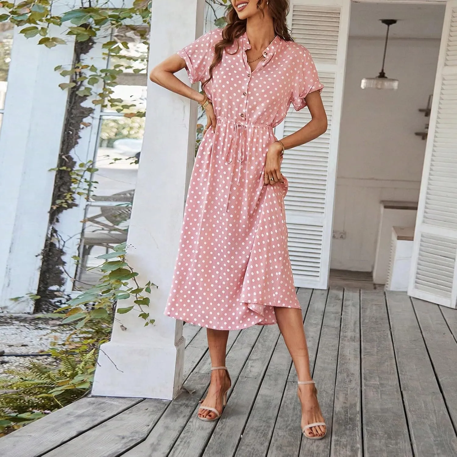 Summer Midi Dresses for Women 2025 Polka Dot Trendy Button Down V Neck Short Sleeve A Line Dresses Tie Empire Waist Frocks