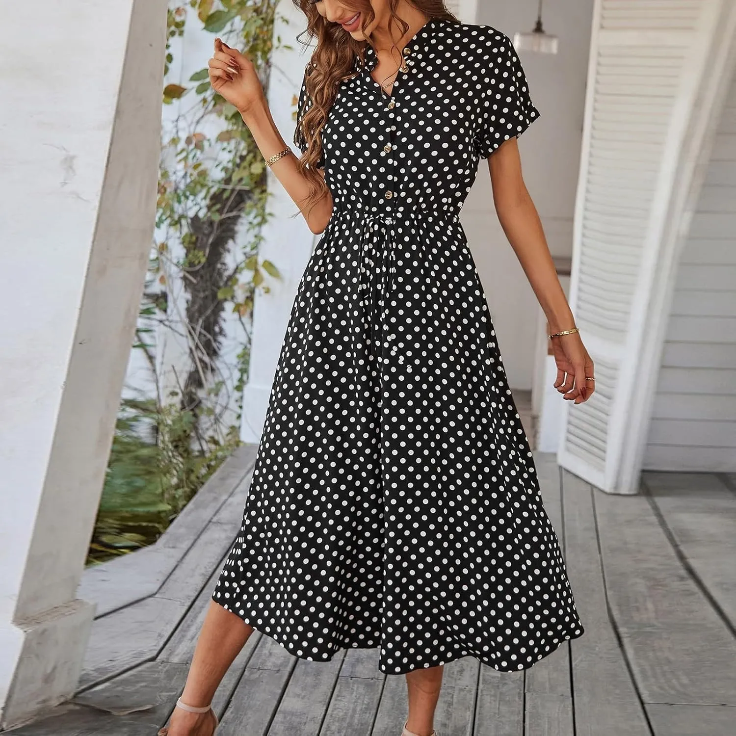 Summer Midi Dresses for Women 2025 Polka Dot Trendy Button Down V Neck Short Sleeve A Line Dresses Tie Empire Waist Frocks