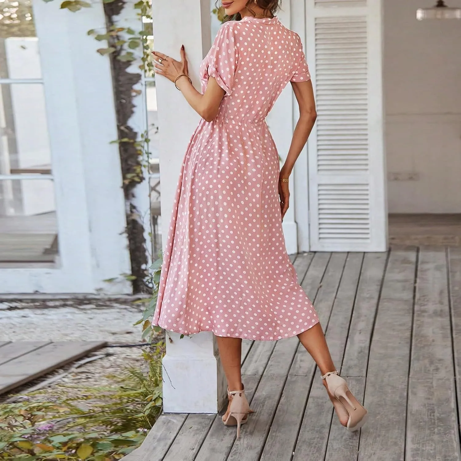 Summer Midi Dresses for Women 2025 Polka Dot Trendy Button Down V Neck Short Sleeve A Line Dresses Tie Empire Waist Frocks