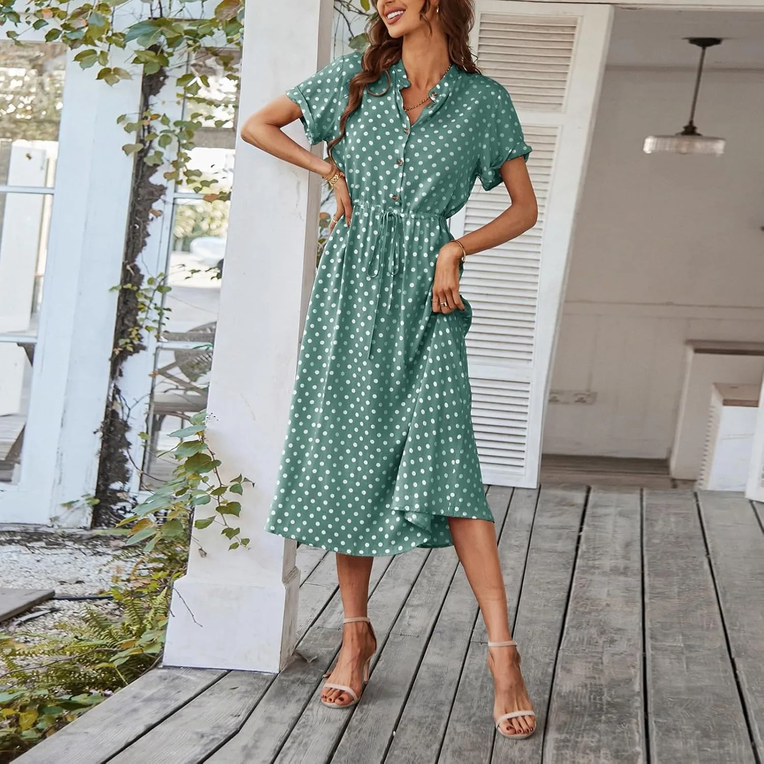 Summer Midi Dresses for Women 2025 Polka Dot Trendy Button Down V Neck Short Sleeve A Line Dresses Tie Empire Waist Frocks