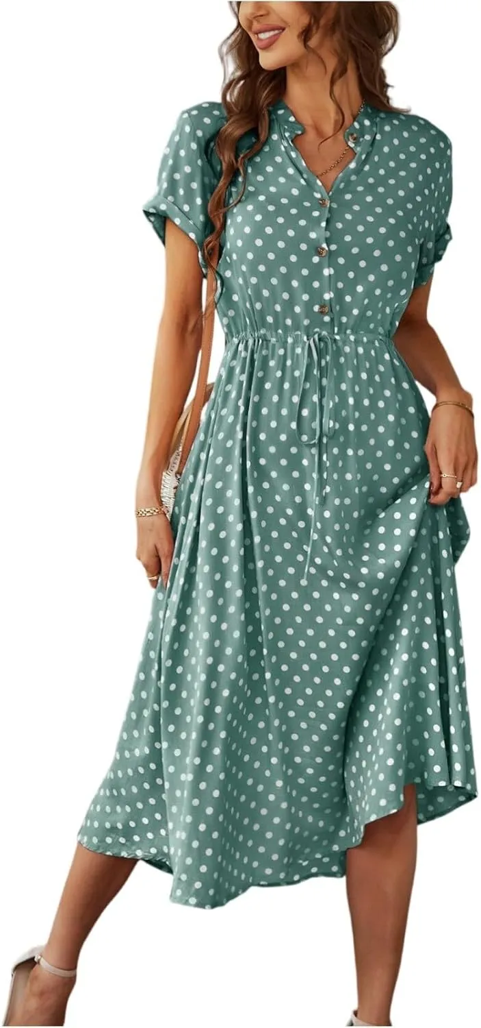 Summer Midi Dresses for Women 2025 Polka Dot Trendy Button Down V Neck Short Sleeve A Line Dresses Tie Empire Waist Frocks