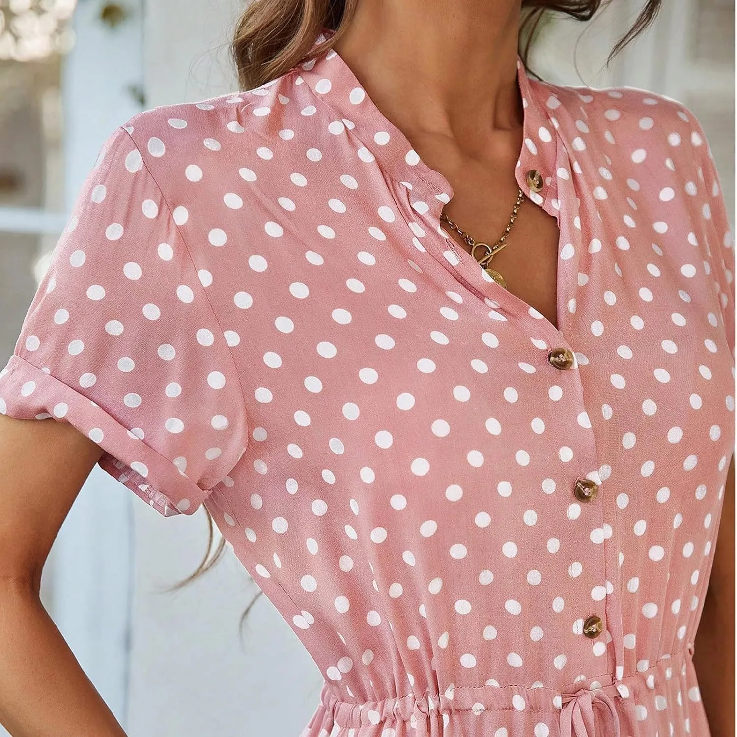 Summer Midi Dresses for Women 2025 Polka Dot Trendy Button Down V Neck Short Sleeve A Line Dresses Tie Empire Waist Frocks