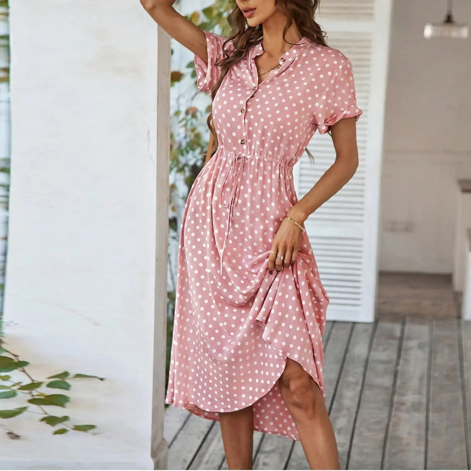 Summer Midi Dresses for Women 2025 Polka Dot Trendy Button Down V Neck Short Sleeve A Line Dresses Tie Empire Waist Frocks