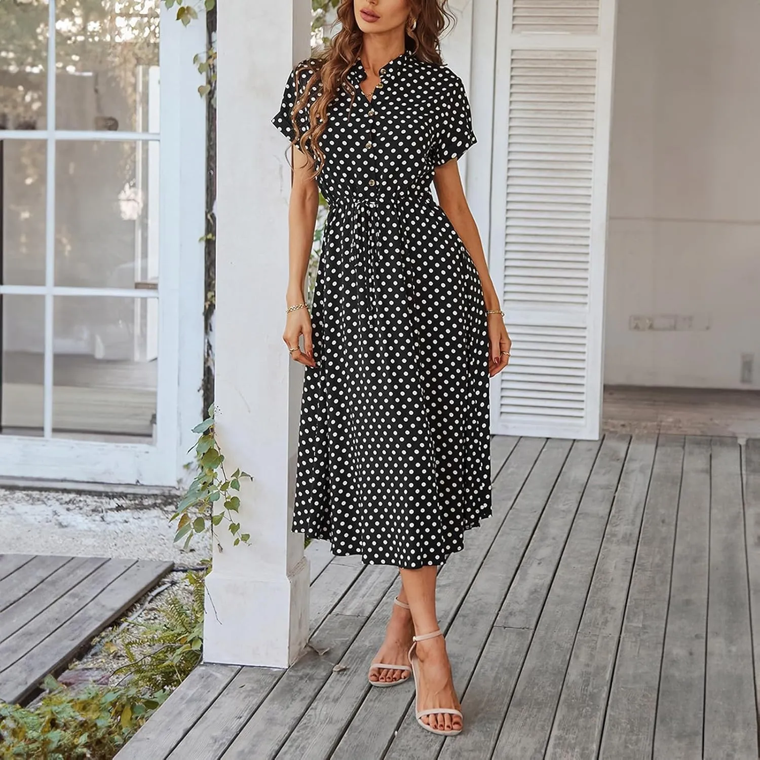 Summer Midi Dresses for Women 2025 Polka Dot Trendy Button Down V Neck Short Sleeve A Line Dresses Tie Empire Waist Frocks
