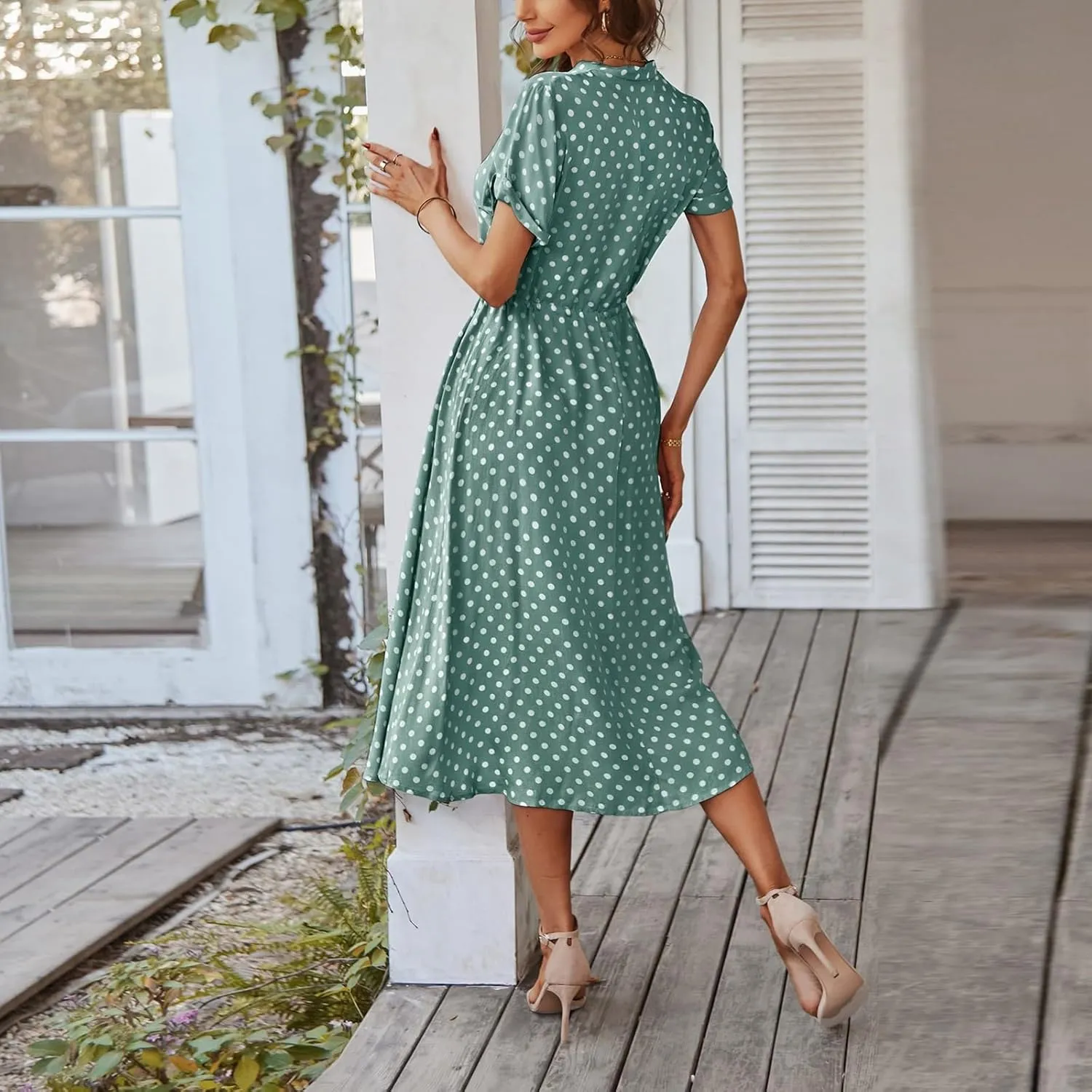 Summer Midi Dresses for Women 2025 Polka Dot Trendy Button Down V Neck Short Sleeve A Line Dresses Tie Empire Waist Frocks