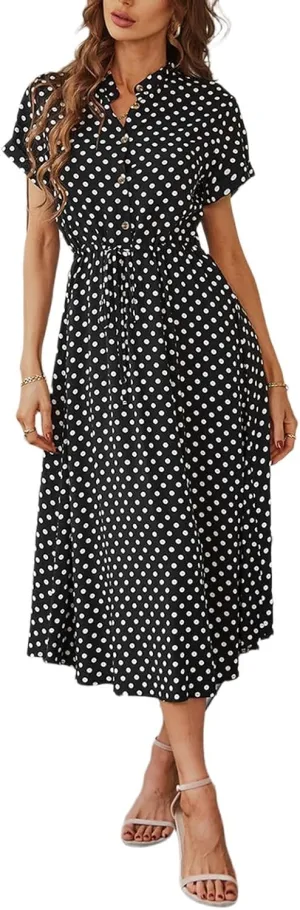 Summer Midi Dresses for Women 2025 Polka Dot Trendy Button Down V Neck Short Sleeve A Line Dresses Tie Empire Waist Frocks