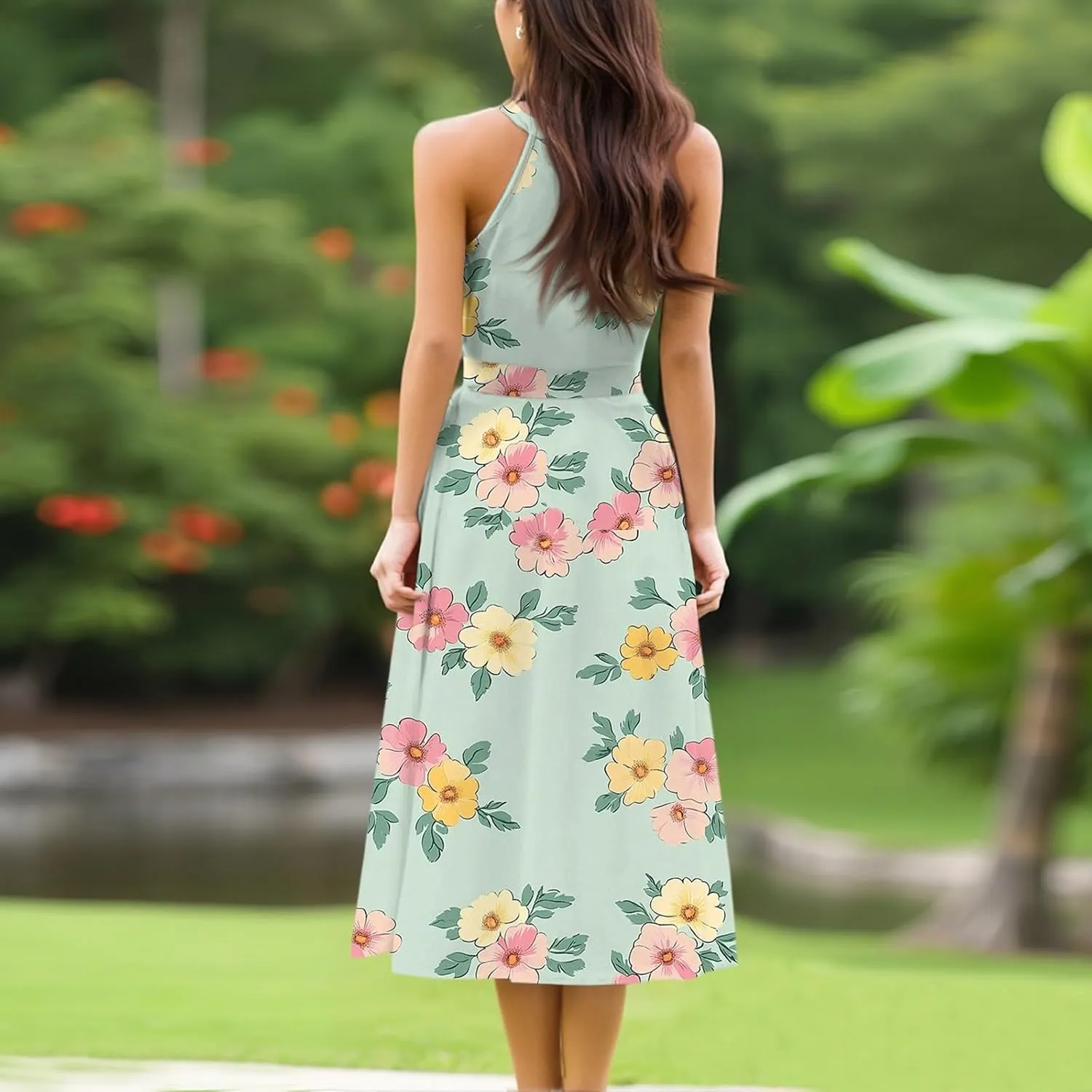 Summer Midi Halter Floral Dresses for Women 2025 Vacation Tie Empire Waist Flowy A Line Sundress Sleeveless Frocks