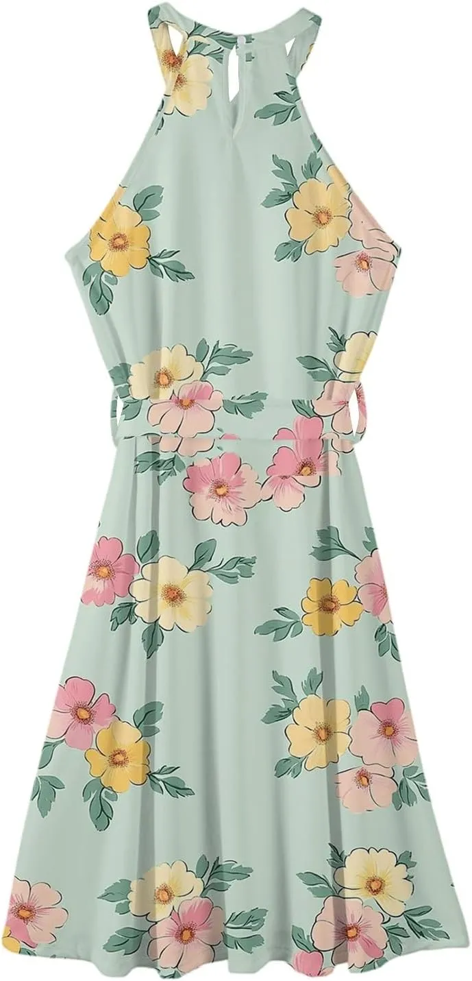 Summer Midi Halter Floral Dresses for Women 2025 Vacation Tie Empire Waist Flowy A Line Sundress Sleeveless Frocks