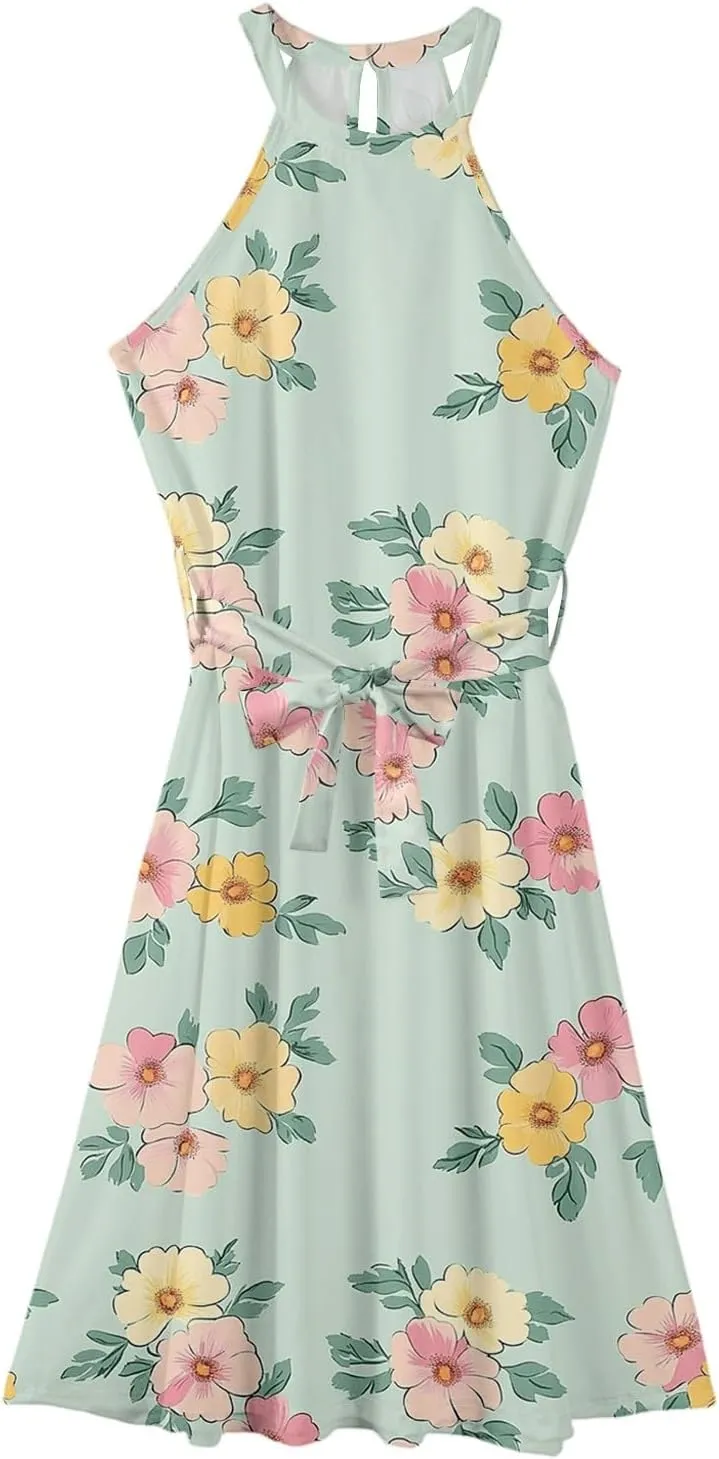 Summer Midi Halter Floral Dresses for Women 2025 Vacation Tie Empire Waist Flowy A Line Sundress Sleeveless Frocks