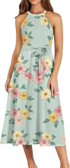 Summer Midi Halter Floral Dresses for Women 2025 Vacation Tie Empire Waist Flowy A Line Sundress Sleeveless Frocks