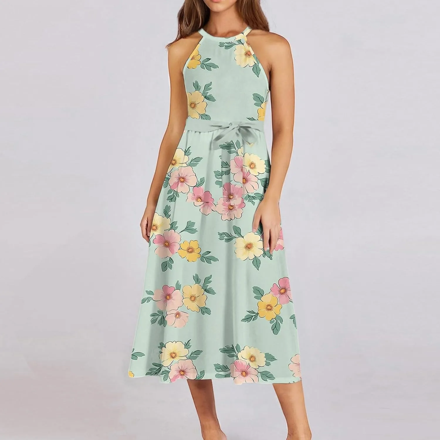 Summer Midi Halter Floral Dresses for Women 2025 Vacation Tie Empire Waist Flowy A Line Sundress Sleeveless Frocks