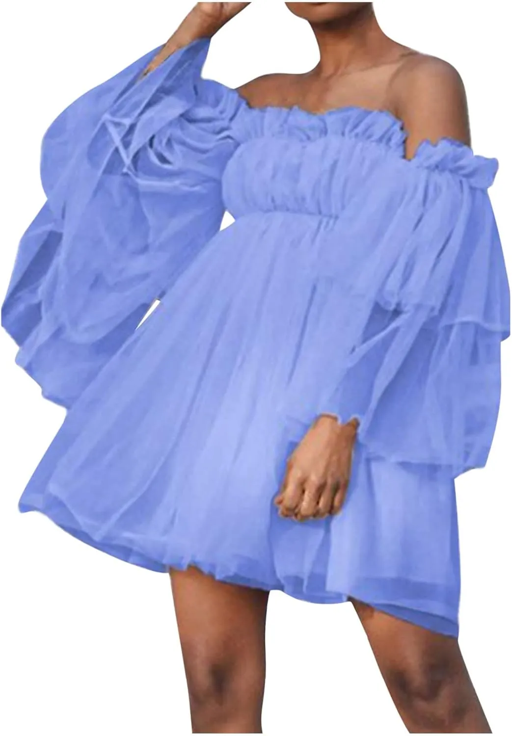Summer Off The Shoulder Ruffle Mini Dresses for Women Puff Sleeve Backless Swing A-Line Dress Cute Tulle Tutu Dress