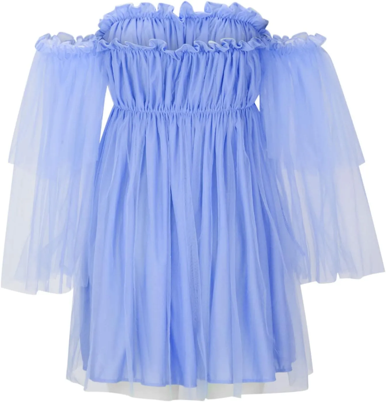 Summer Off The Shoulder Ruffle Mini Dresses for Women Puff Sleeve Backless Swing A-Line Dress Cute Tulle Tutu Dress