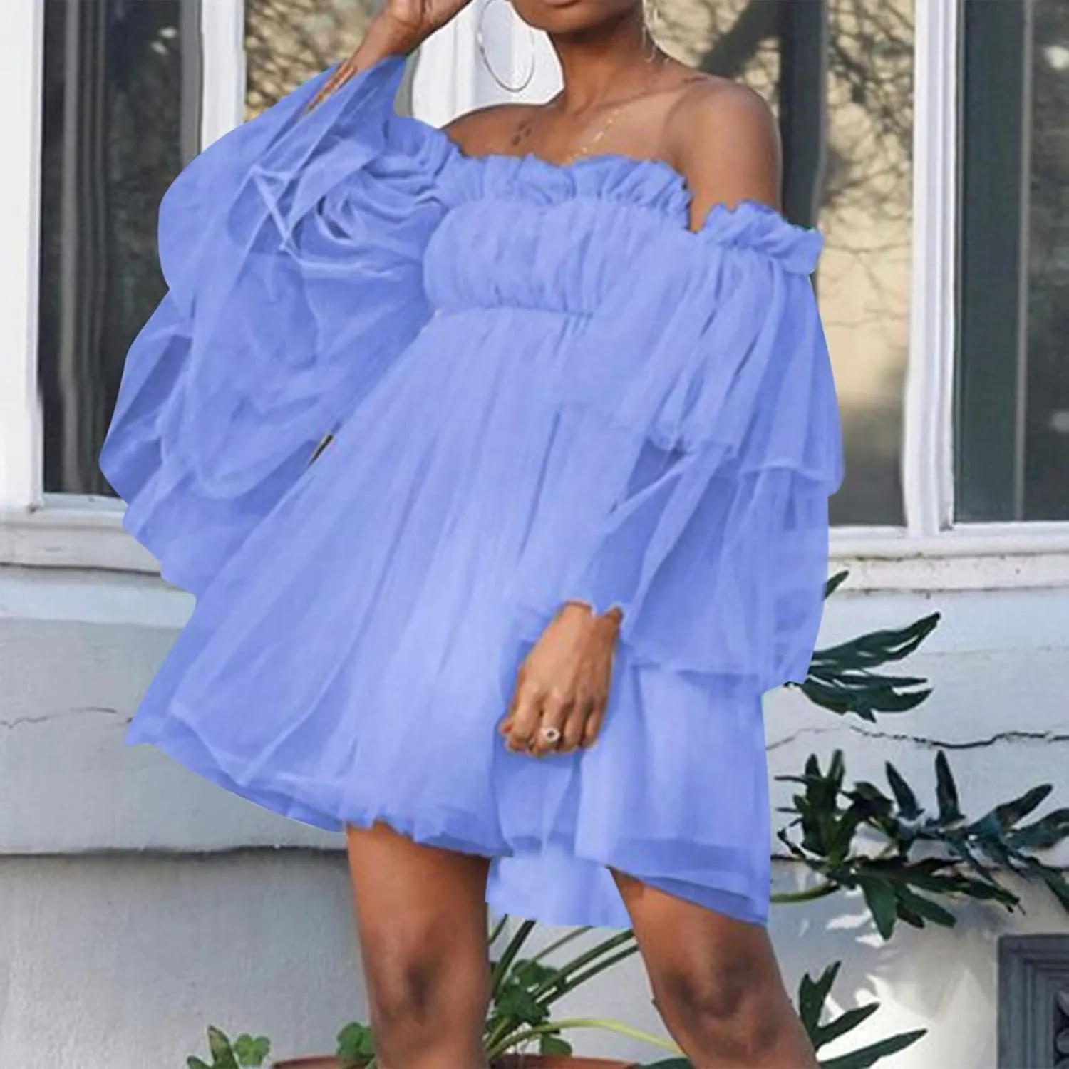Summer Off The Shoulder Ruffle Mini Dresses for Women Puff Sleeve Backless Swing A-Line Dress Cute Tulle Tutu Dress