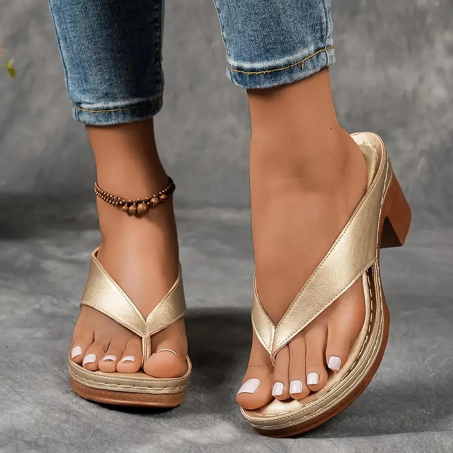 Summer Sandals for Women 2025 with Arch Support Women's Orthopedic Dressy Chunky Heel Flip Flops for Women Comfortable Slip-On Open Toe Heeled Casual Wedge Thong Sandals Bridal Party Wedding Shoes