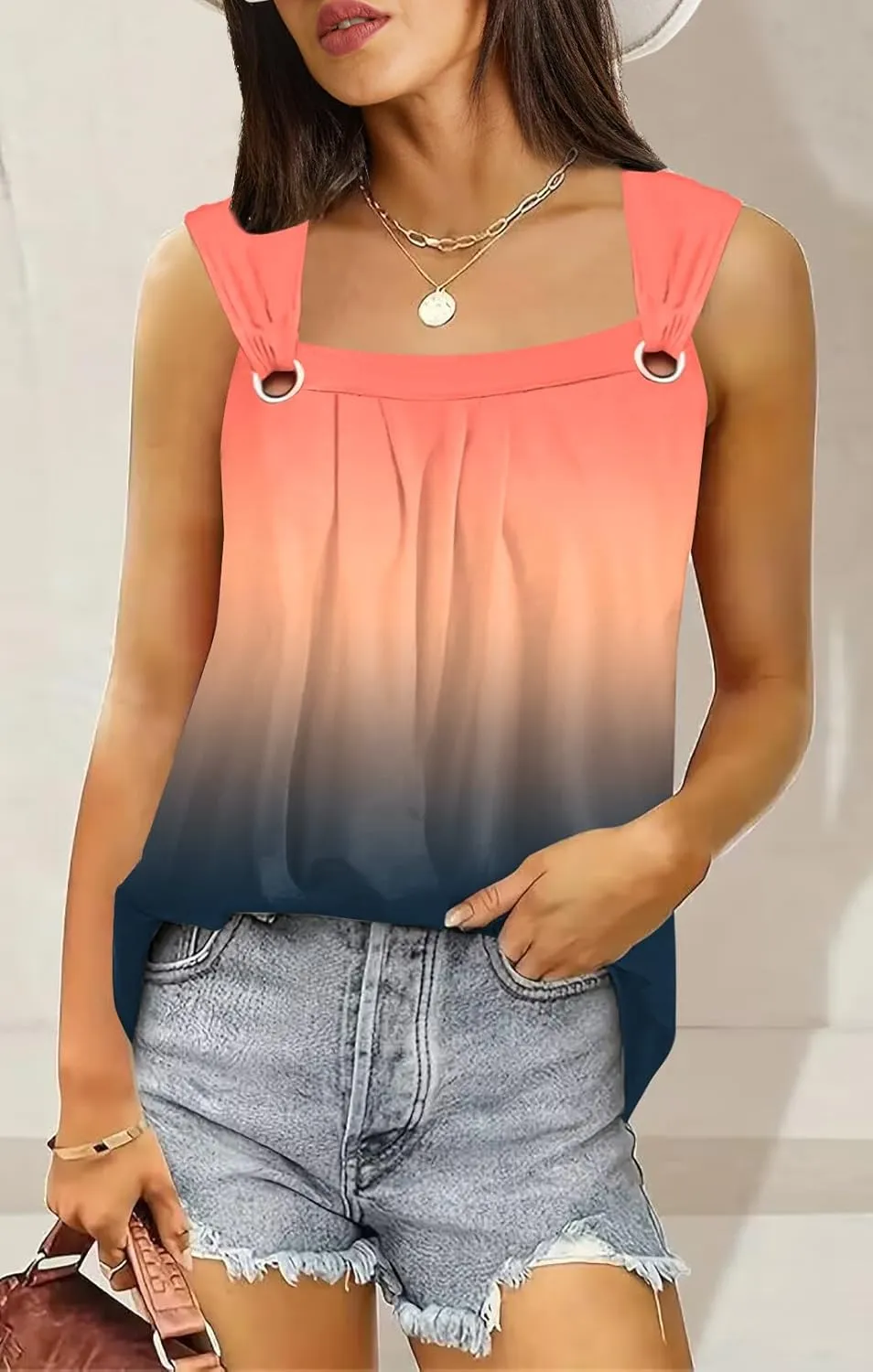 Summer Tank Tops for Women Pleated Square Neck O Ring Shoulder Sleeveless Shirts Casual Loose Fit Trendy Blouses