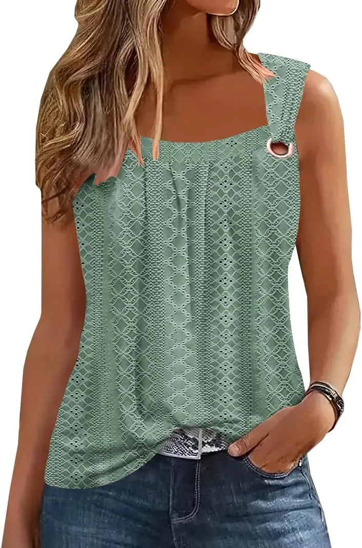 Summer Tank Tops for Women Pleated Square Neck O Ring Shoulder Sleeveless Shirts Casual Loose Fit Trendy Blouses