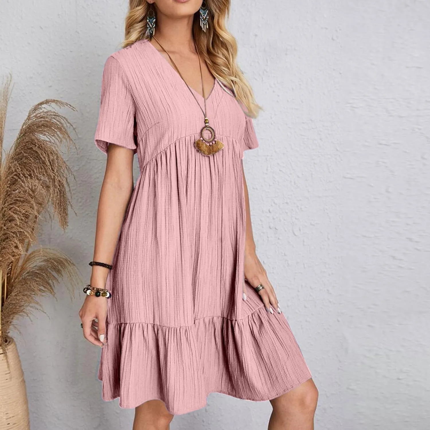 Sundresses for Women 2025 Short Sleeve Elegant Mini Dress Pleated Summer Casual Dresses Flowy V Neck Beach Dress