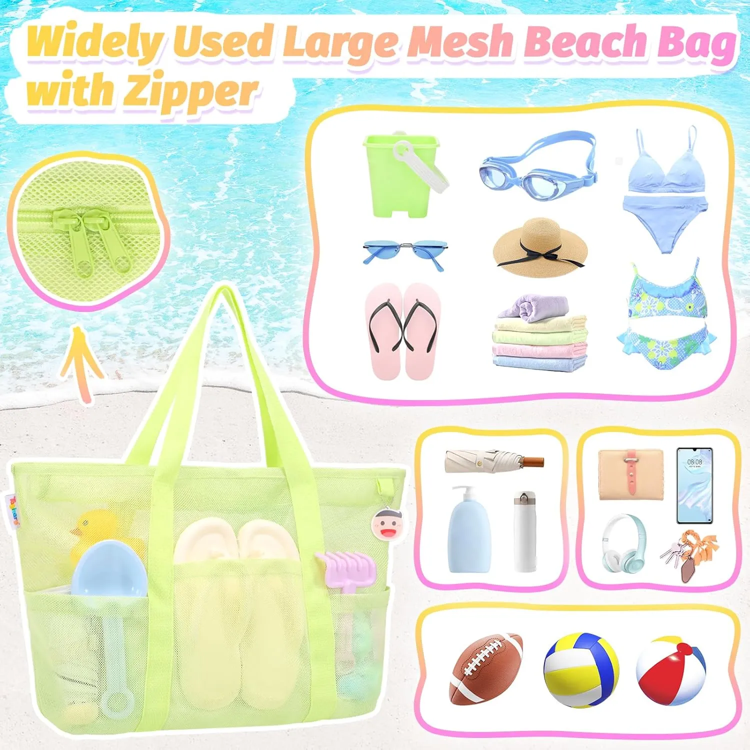 Tagitary Beach Toys Mesh Beach Bag with Zipper and 8 Pockets, Large Beach Tote Waterproof Sandproof for Travel Pool Storage