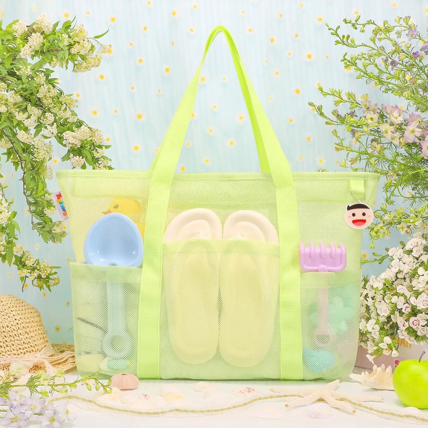 Tagitary Beach Toys Mesh Beach Bag with Zipper and 8 Pockets, Large Beach Tote Waterproof Sandproof for Travel Pool Storage
