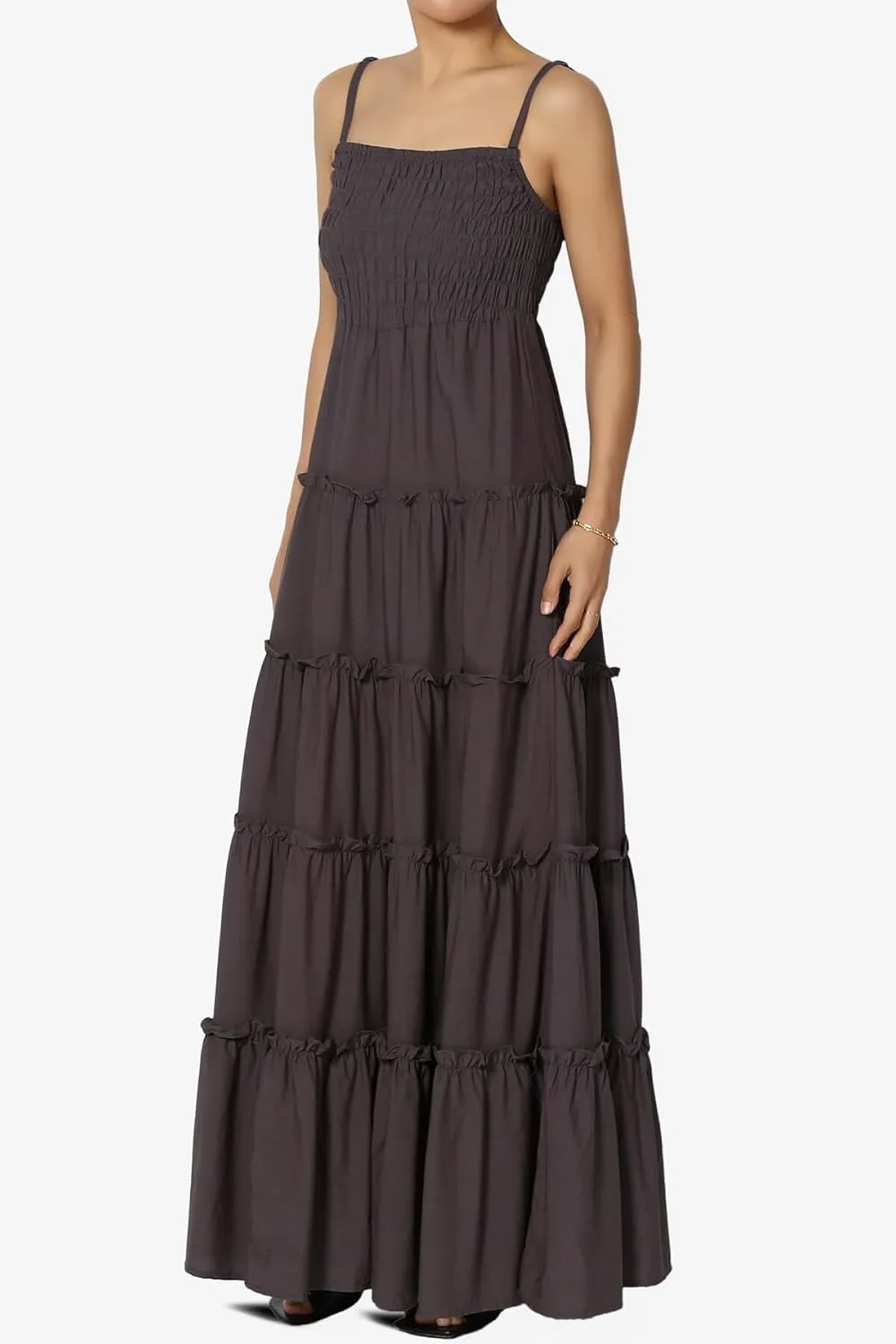 TheMogan Women's Chic Smocked Cami Tiered Maxi Dress Spaghetti Strap A-Line Skirt Summer Casual