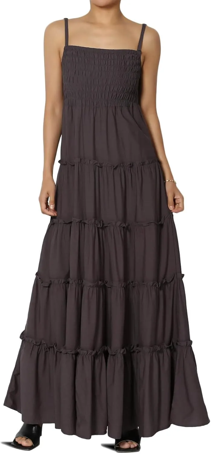 TheMogan Women's Chic Smocked Cami Tiered Maxi Dress Spaghetti Strap A-Line Skirt Summer Casual