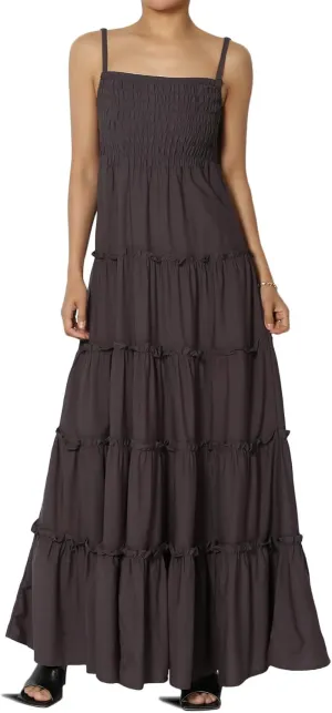 TheMogan Women's Chic Smocked Cami Tiered Maxi Dress Spaghetti Strap A-Line Skirt Summer Casual