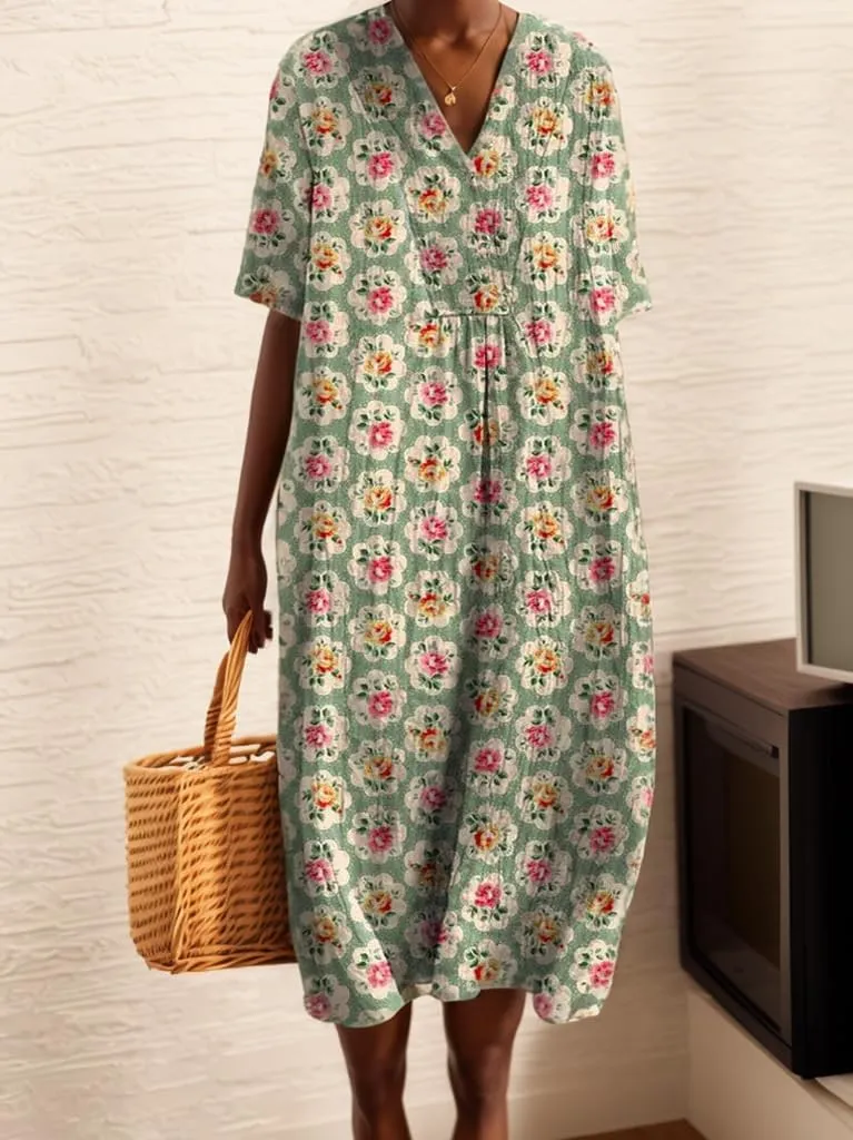 TIAFORD Womens Summer Boho Floral Retro V Neck Beach Sundress Casual Loose Short Sleeve Midi Flowy Dresses with Pockets