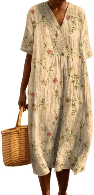 TIAFORD Womens Summer Boho Floral Retro V Neck Beach Sundress Casual Loose Short Sleeve Midi Flowy Dresses with Pockets