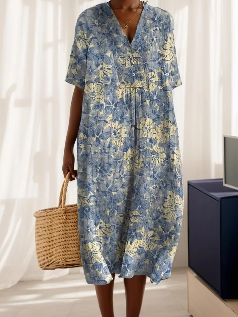 TIAFORD Womens Summer Boho Floral Retro V Neck Beach Sundress Casual Loose Short Sleeve Midi Flowy Dresses with Pockets