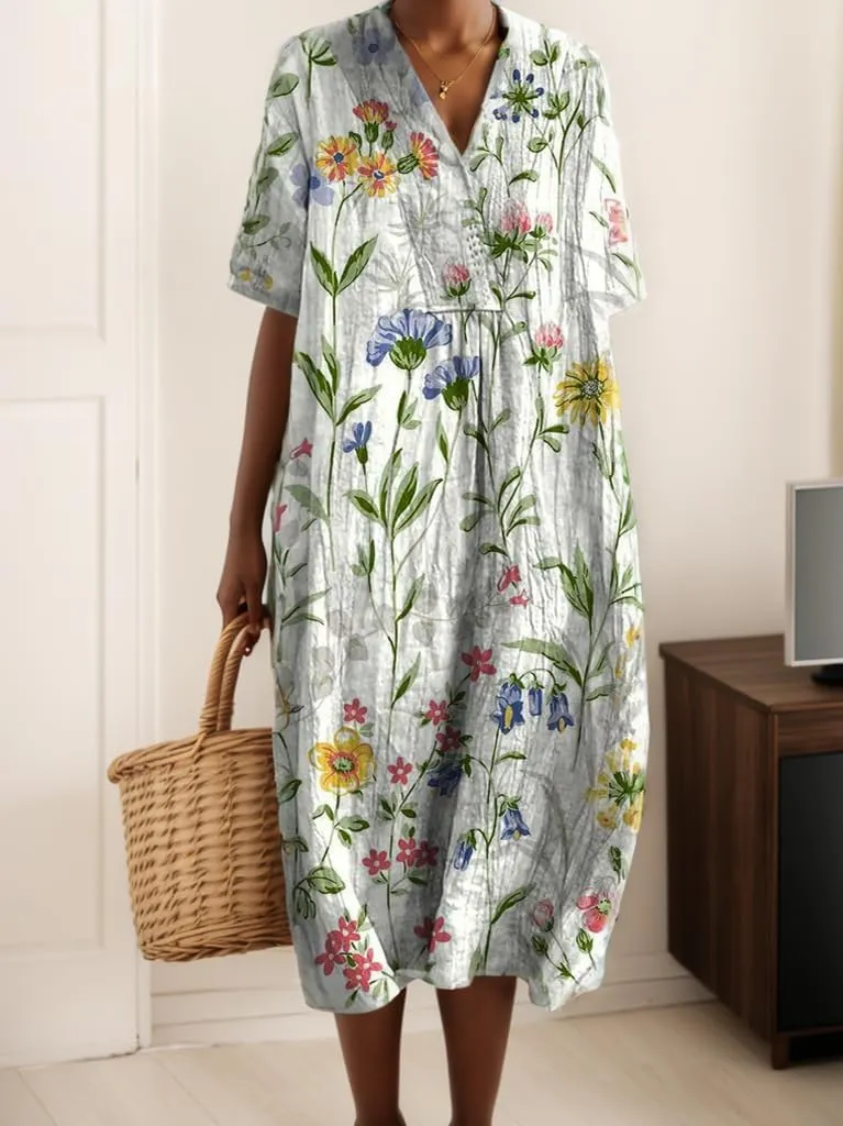 TIAFORD Womens Summer Boho Floral Retro V Neck Beach Sundress Casual Loose Short Sleeve Midi Flowy Dresses with Pockets
