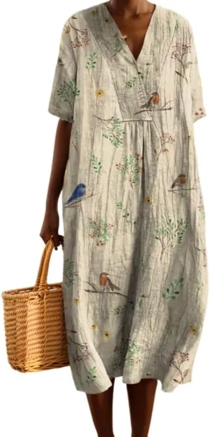 TIAFORD Womens Summer Boho Floral Retro V Neck Beach Sundress Casual Loose Short Sleeve Midi Flowy Dresses with Pockets