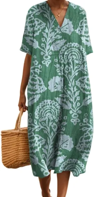 TIAFORD Womens Summer Boho Floral Retro V Neck Beach Sundress Casual Loose Short Sleeve Midi Flowy Dresses with Pockets