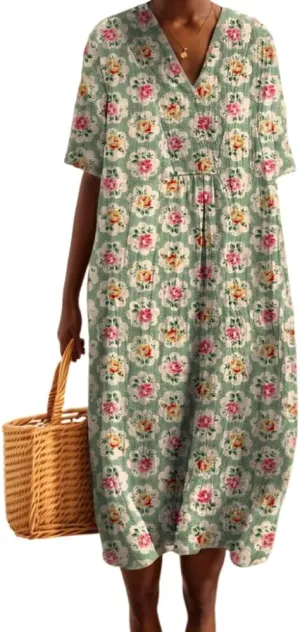 TIAFORD Womens Summer Boho Floral Retro V Neck Beach Sundress Casual Loose Short Sleeve Midi Flowy Dresses with Pockets