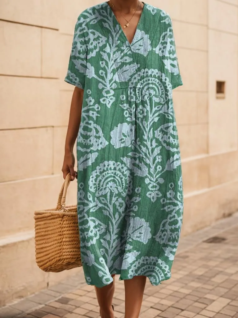TIAFORD Womens Summer Boho Floral Retro V Neck Beach Sundress Casual Loose Short Sleeve Midi Flowy Dresses with Pockets