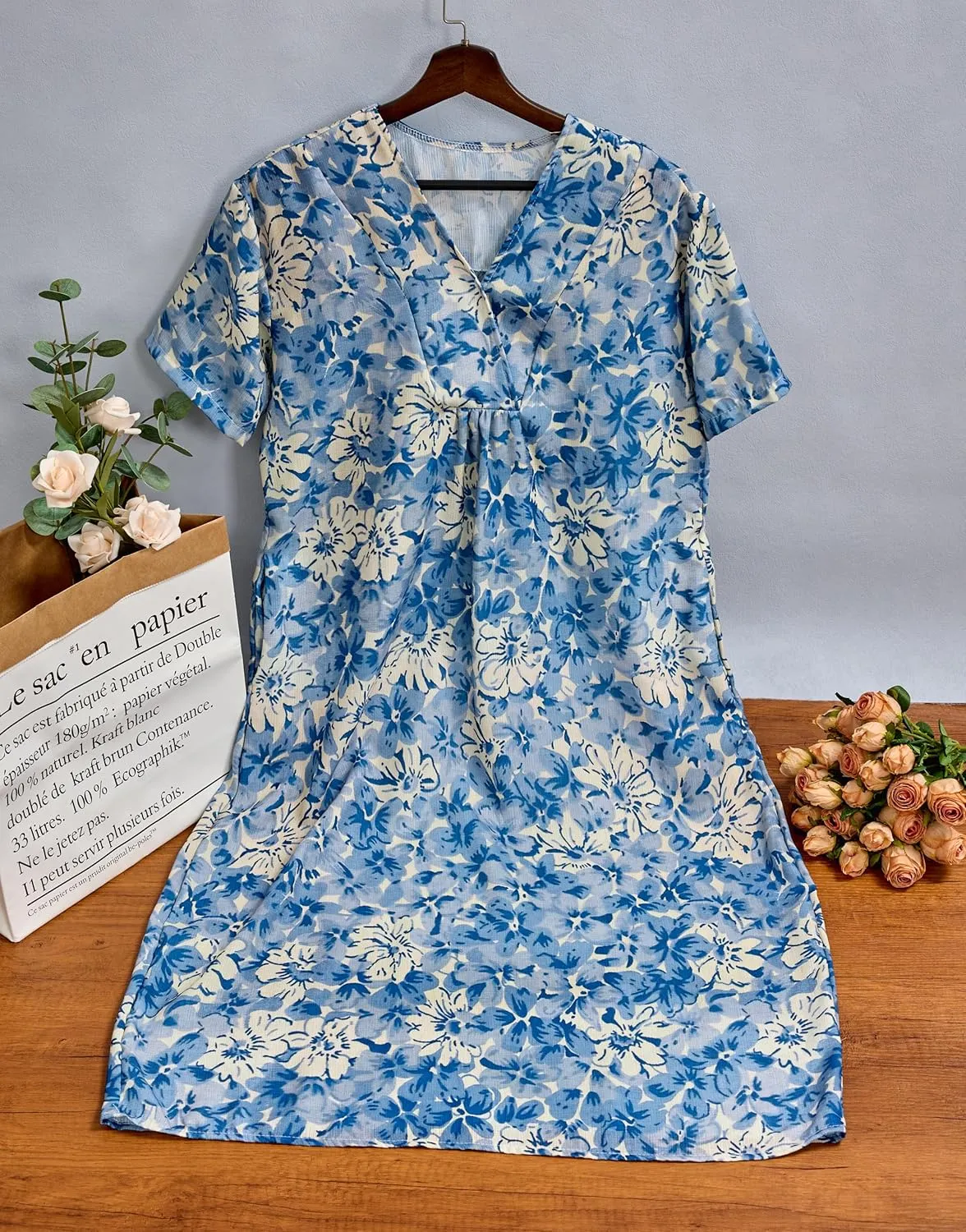 TIAFORD Womens Summer Boho Floral Retro V Neck Beach Sundress Casual Loose Short Sleeve Midi Flowy Dresses with Pockets