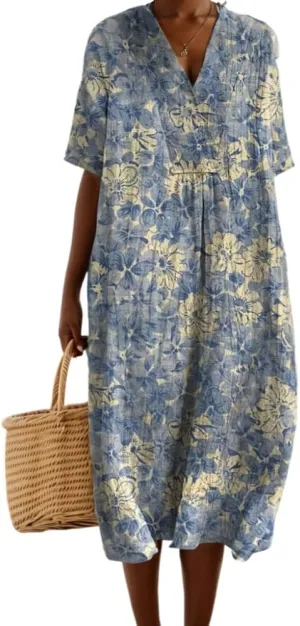 TIAFORD Womens Summer Boho Floral Retro V Neck Beach Sundress Casual Loose Short Sleeve Midi Flowy Dresses with Pockets