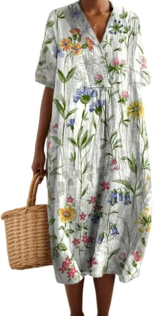 TIAFORD Womens Summer Boho Floral Retro V Neck Beach Sundress Casual Loose Short Sleeve Midi Flowy Dresses with Pockets